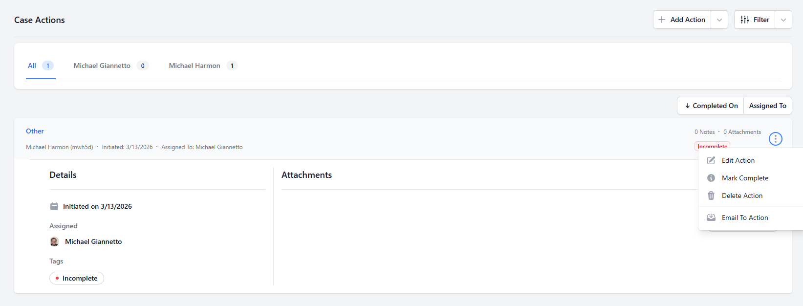 Case Actions page overview